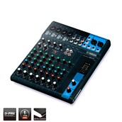 Compact audio mixer with multiple knobs and faders, blue accents on the sides and inputs on the top panel.