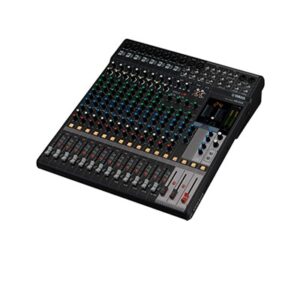 Audio mixing console with multiple faders, knobs, and level meters for adjusting sound balance.