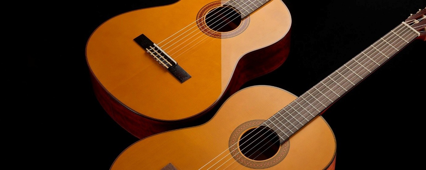 กีตาร์คลาสสิกสายไนลอน (classic guitar) สองตัวบนพื้นหลังสีดำ เน้นความแตกต่างของสายและคอ