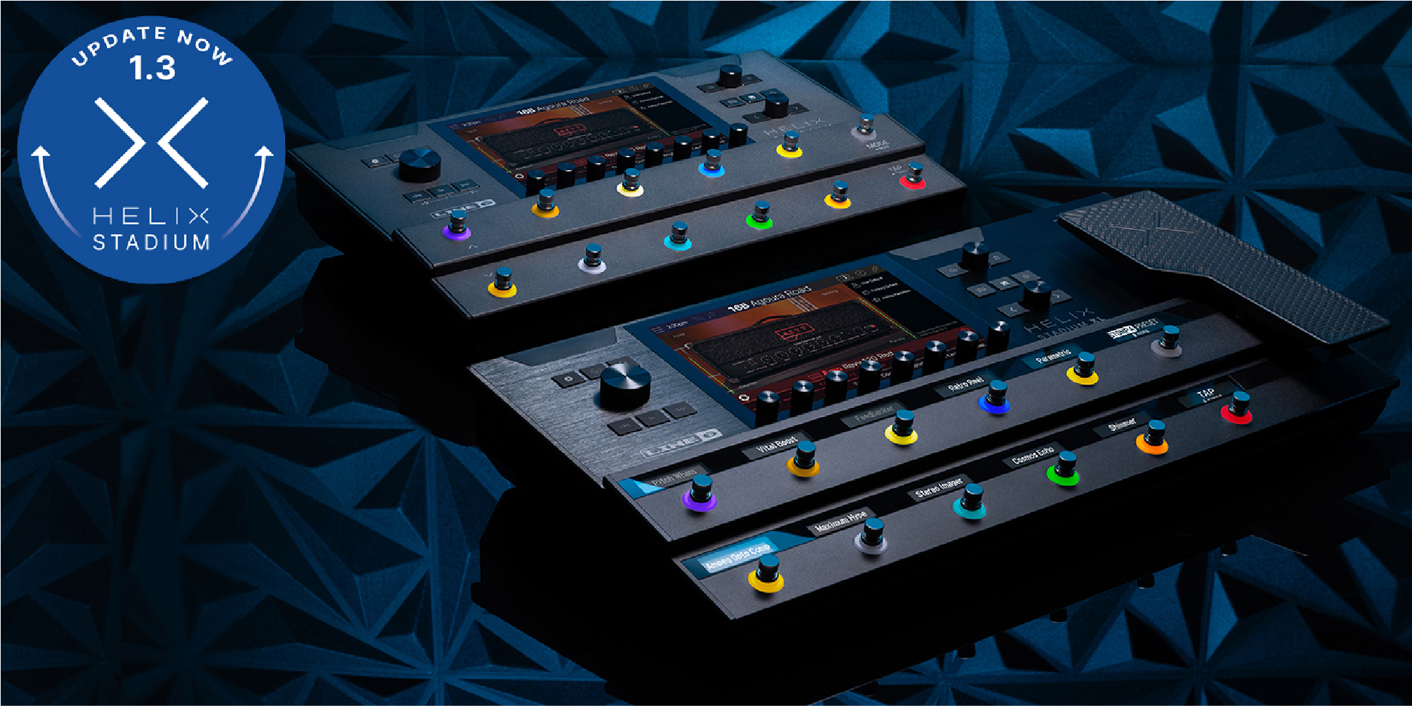Blue circular Update Now 1.3 Helix Stadium logo in the left foreground with stacked modular synths and a geometric blue sound-foam background