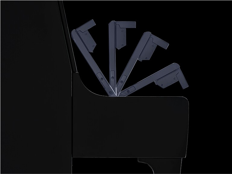 Close-up of a black vehicle door with multiple hinges fanned open, illustrating a multi-hinge door mechanism.