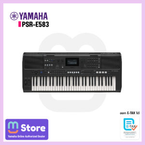 Promotional image of a Yamaha PSR-E583 keyboard with Yamaha logo and 'PSR-E583' text on a white background with dealer badges.