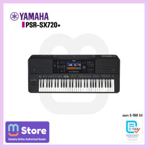 Advertisement banner featuring Yamaha PSR-SX720+ keyboard, Yamaha logo, and retailer badges on a purple-bordered background.