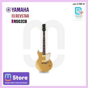 Yamaha Revstar RS02CB electric guitar on a promotional banner with Yamaha and Revstar logos.
