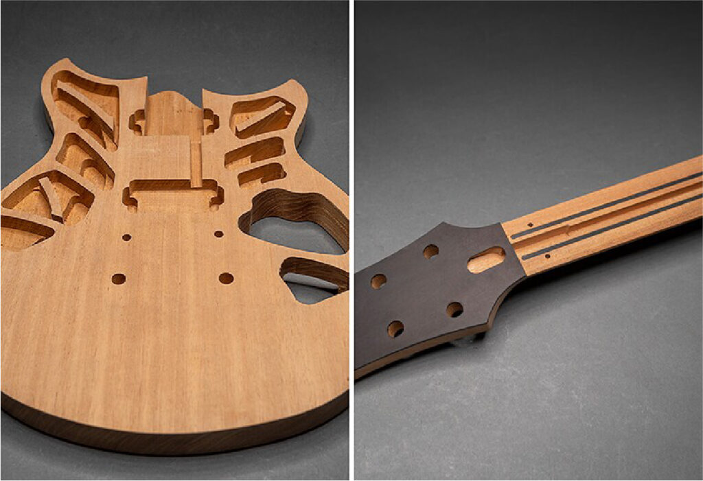 Split image of an unfinished wooden guitar body on the left and a striped wooden neck on the right, both unassembled