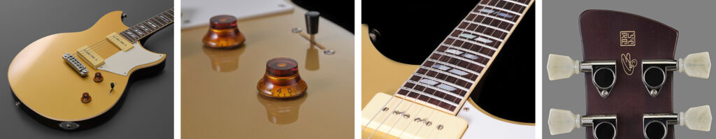 Gold electric guitar body on a gray background, showing bridge, pickups, and knobs to the side of a collage panel.