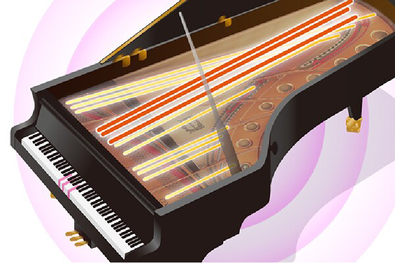Grand piano with its lid open, viewed from above, showing strings and hammers under glowing neon lines.