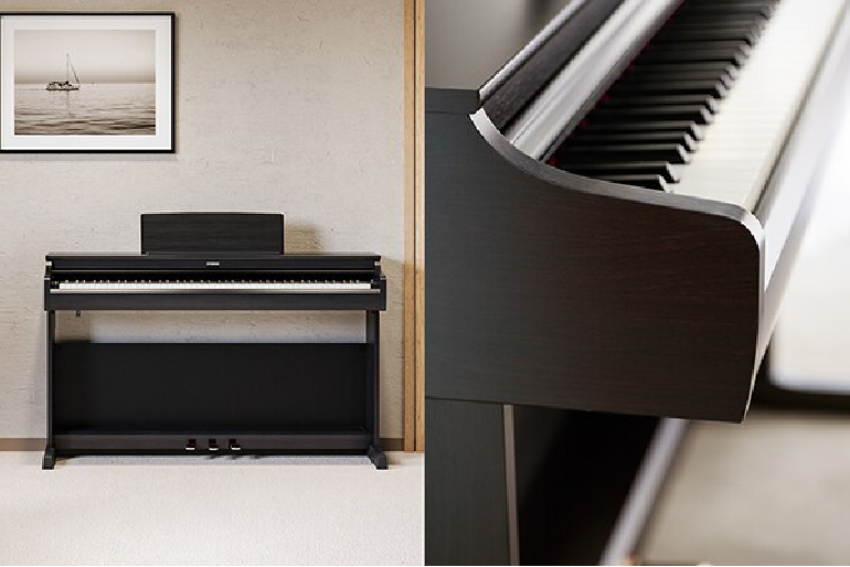 Left panel shows a black upright digital piano in a neutral living room with a framed seascape photo on the wall; right panel is a close-up of the piano keys and wood edge.