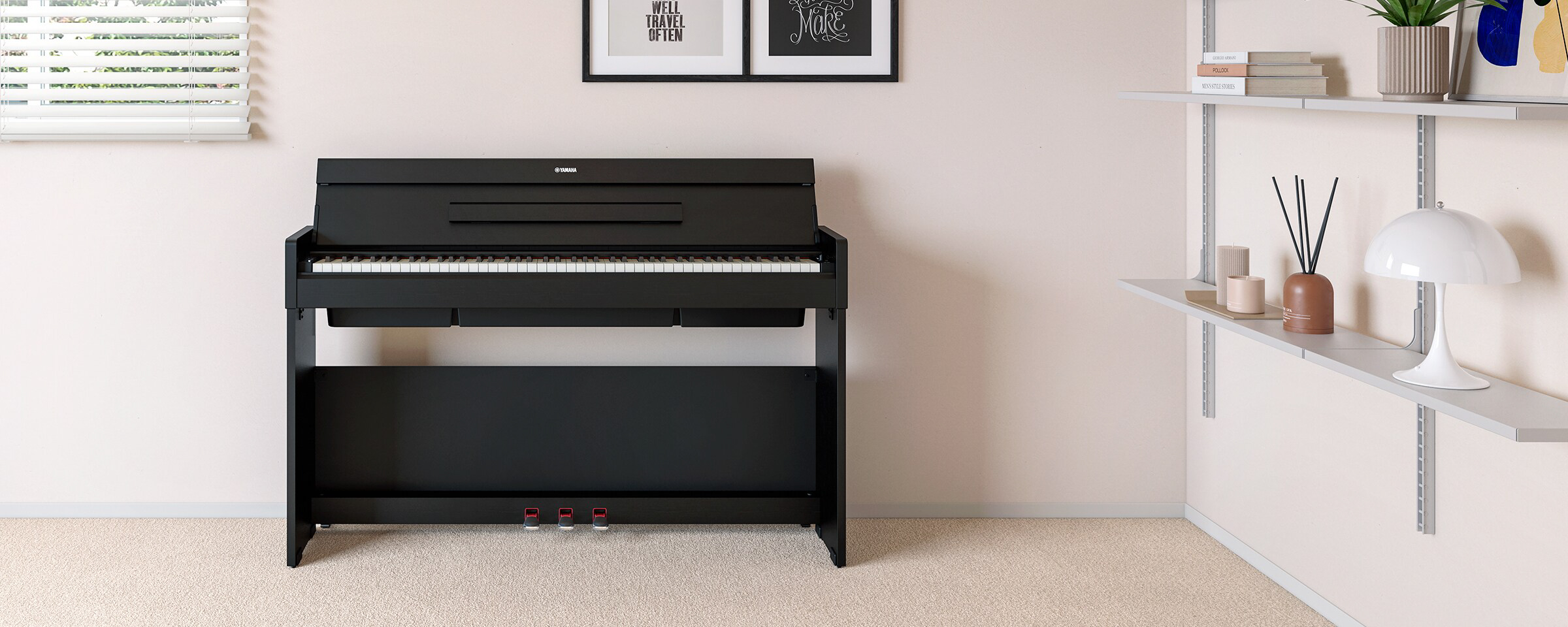 Yamaha YDP-S36B Black Yamaha digital piano on a stand in a bright room, with window blinds on the left and a white shelf with decor on the right. 