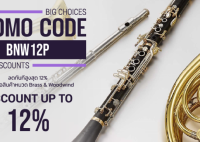 Promo banner: code BNW12P for up to 12% off brass and woodwind instruments, showing a clarinet and brass horn.