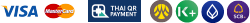 Row of payment logos showing accepted methods: Visa, MasterCard, SCB, Thai QR Payment, and other Thai payment brands.