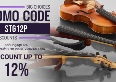Promotional banner for 12% discount on violin family instruments; bold text 'PROMO CODE STG12P' with stacked violins in the background.