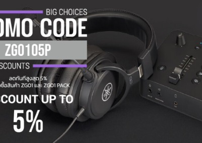 Promo banner displaying code ZG0105P for up to 5% off, with headphones and audio equipment in the background.