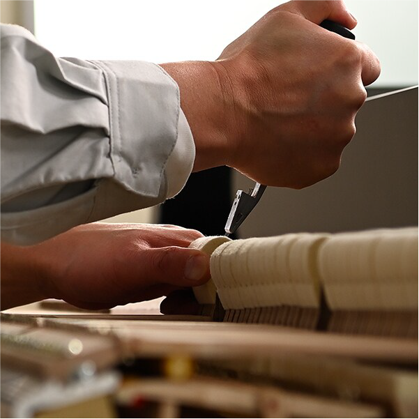 Close-up of a technician's hands using a tuning hammer to adjust a piano action.