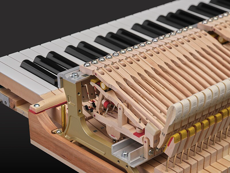 Close-up of a piano action, showing wooden hammers, felted plectrums, and brass frame inside the keyboard.
