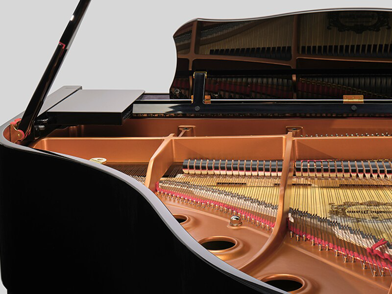 Close-up of the interior strings and soundboard of a grand piano with the lid propped open