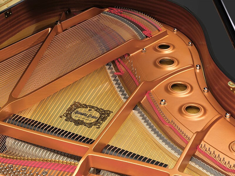 Close-up of a grand piano's interior, showing the gold-colored frame, strings, and soundboard surface