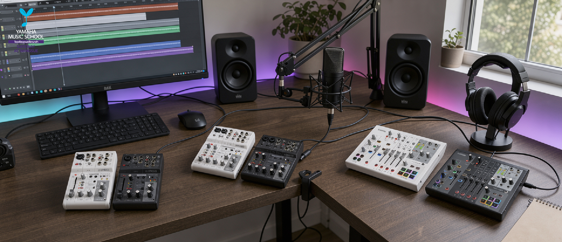 Home recording studio setup with a large condenser mic on a boom arm, studio monitors, keyboard, and multiple compact mixers on a wooden desk.