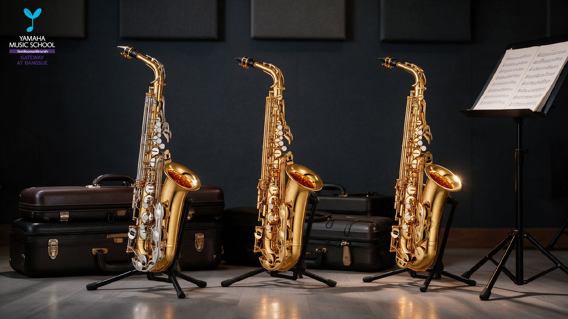 Three gold saxophones on stands in a rehearsal room, with instrument cases in the background and a sheet-music stand to the right.