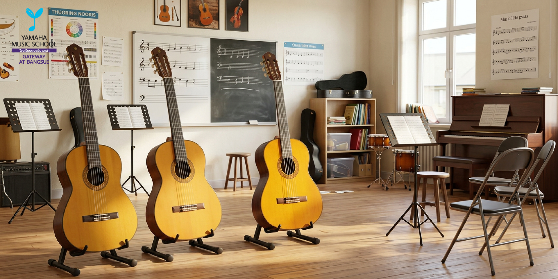 Music classroom with four classical guitars on stands, sheet music, and a piano along the back wall.
