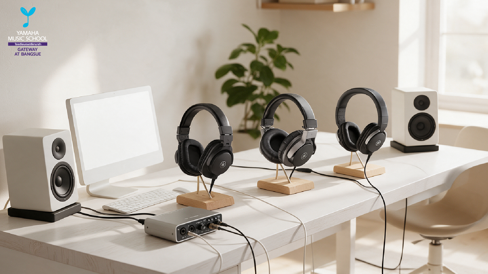 Row of black over-ear headphones on wooden stands along a white desk, with a computer monitor and white speakers in a bright studio; Yamaha Music School logo on the wall.