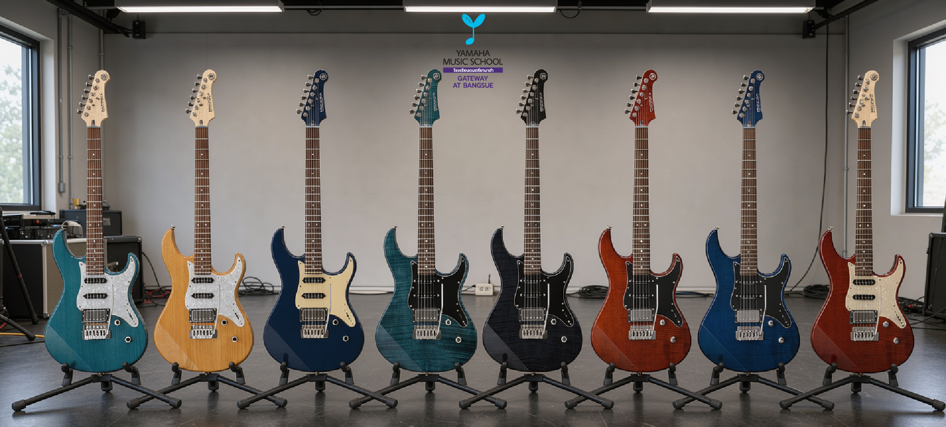 Row of colorful electric guitars on stands in a music studio with a Yamaha Music School sign on the wall.