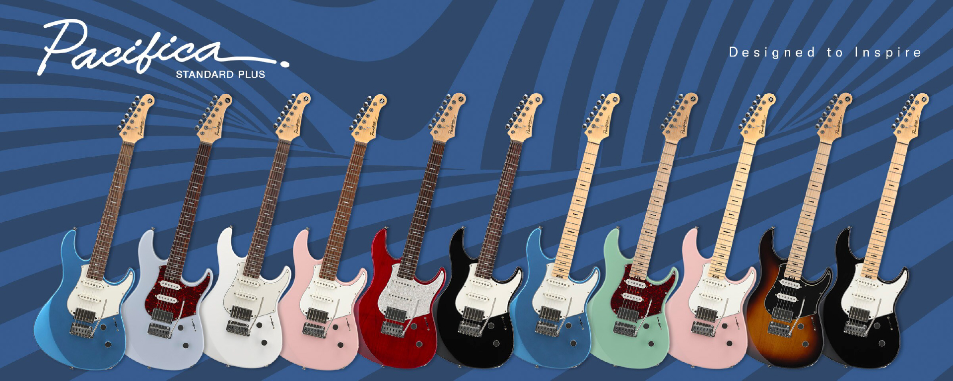 Row of Pacifica electric guitars in assorted colors lined up against a blue striped background with branding text above them.
