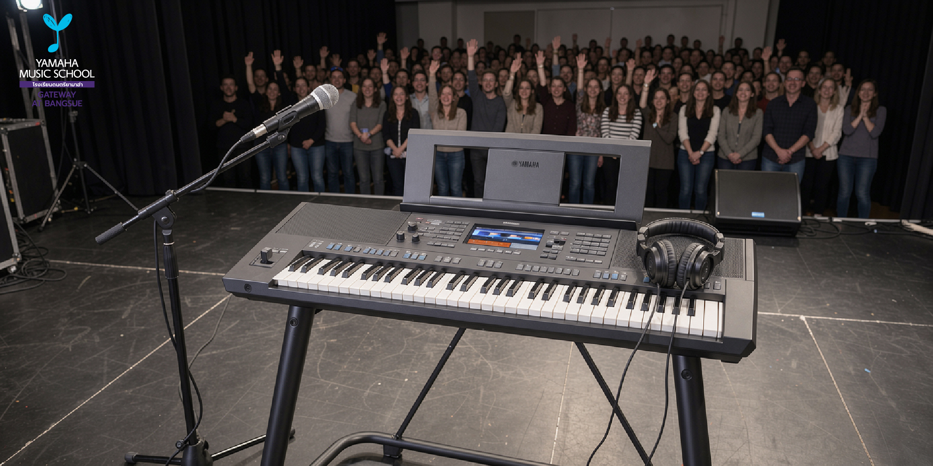 Stage with a Yamaha keyboard on stand, a microphone, and headphones; audience of students in the background; logo visible top-left.