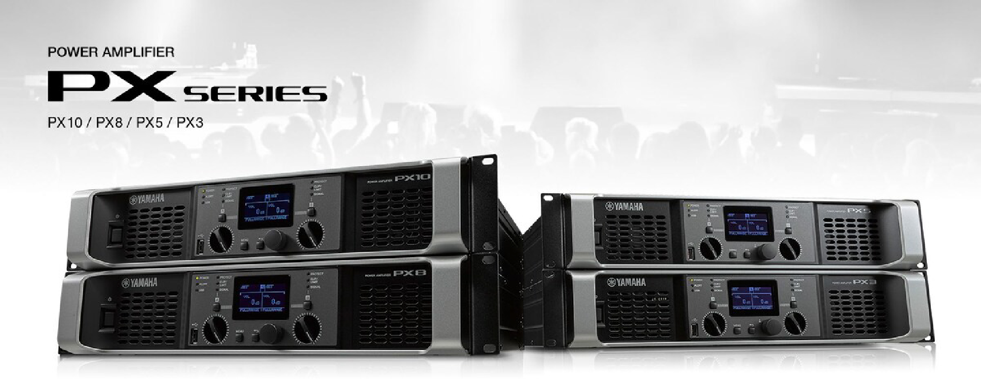 Promo banner showing Yamaha PX Series power amplifiers (PX10, PX8, PX5, PX3) stacked in front of a crowd silhouette.