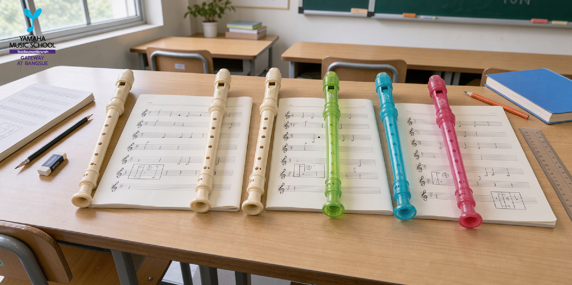 Row of colorful plastic recorders on open music sheets at a classroom desk, with Yamaha Music School logo visible on the left window.