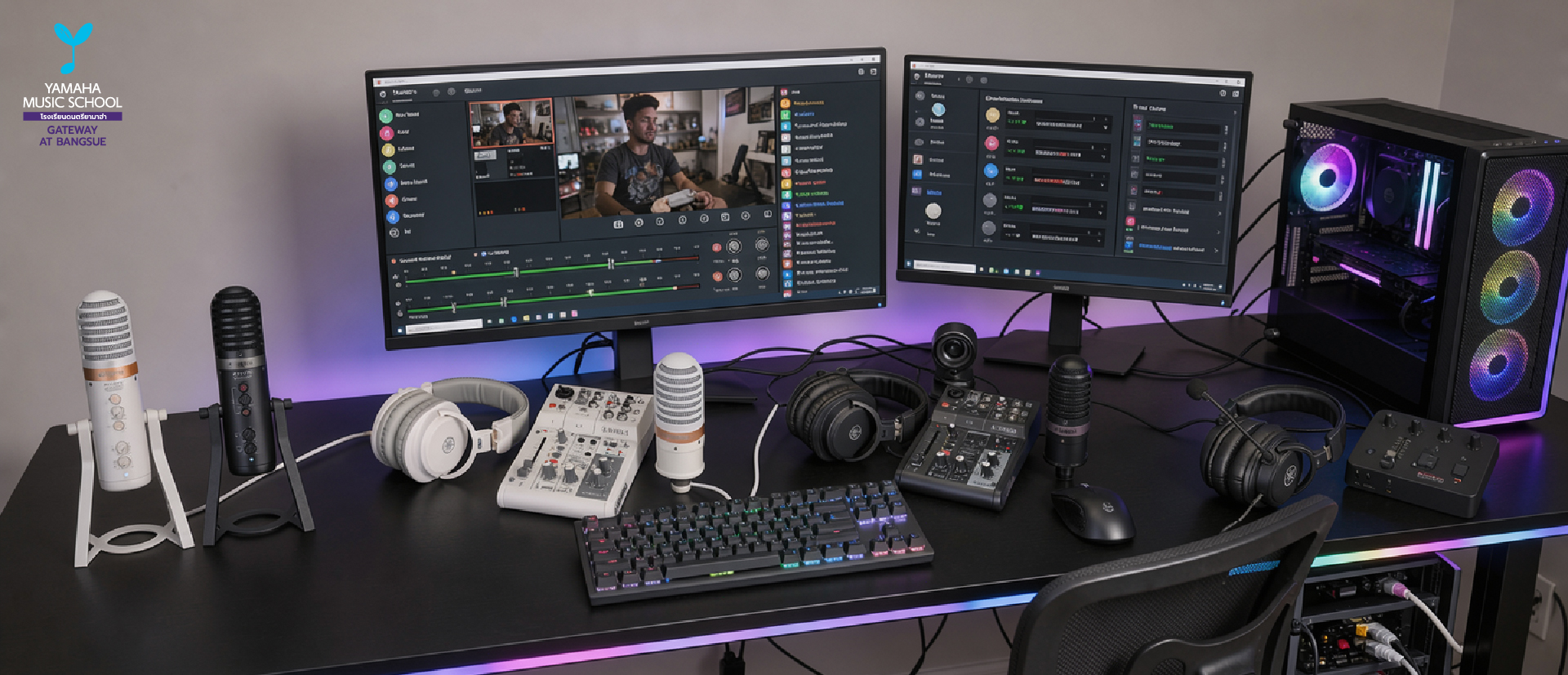 Two-monitor desk setup for streaming and editing, with microphones, headphones, mixer, keyboard, mouse, and RGB PC.