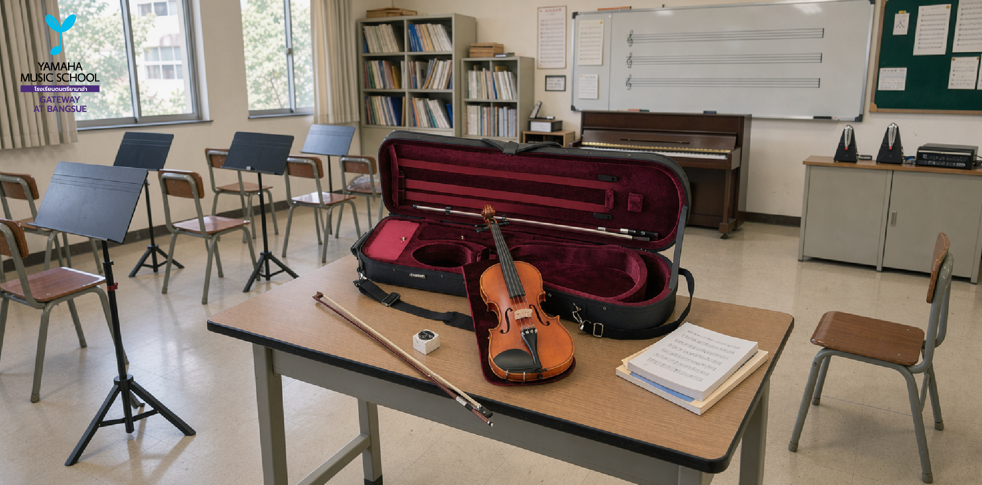 Music classroom with an open violin case on a table containing a violin and bow, sheet music, and a bow in front of rowed desks and stands.